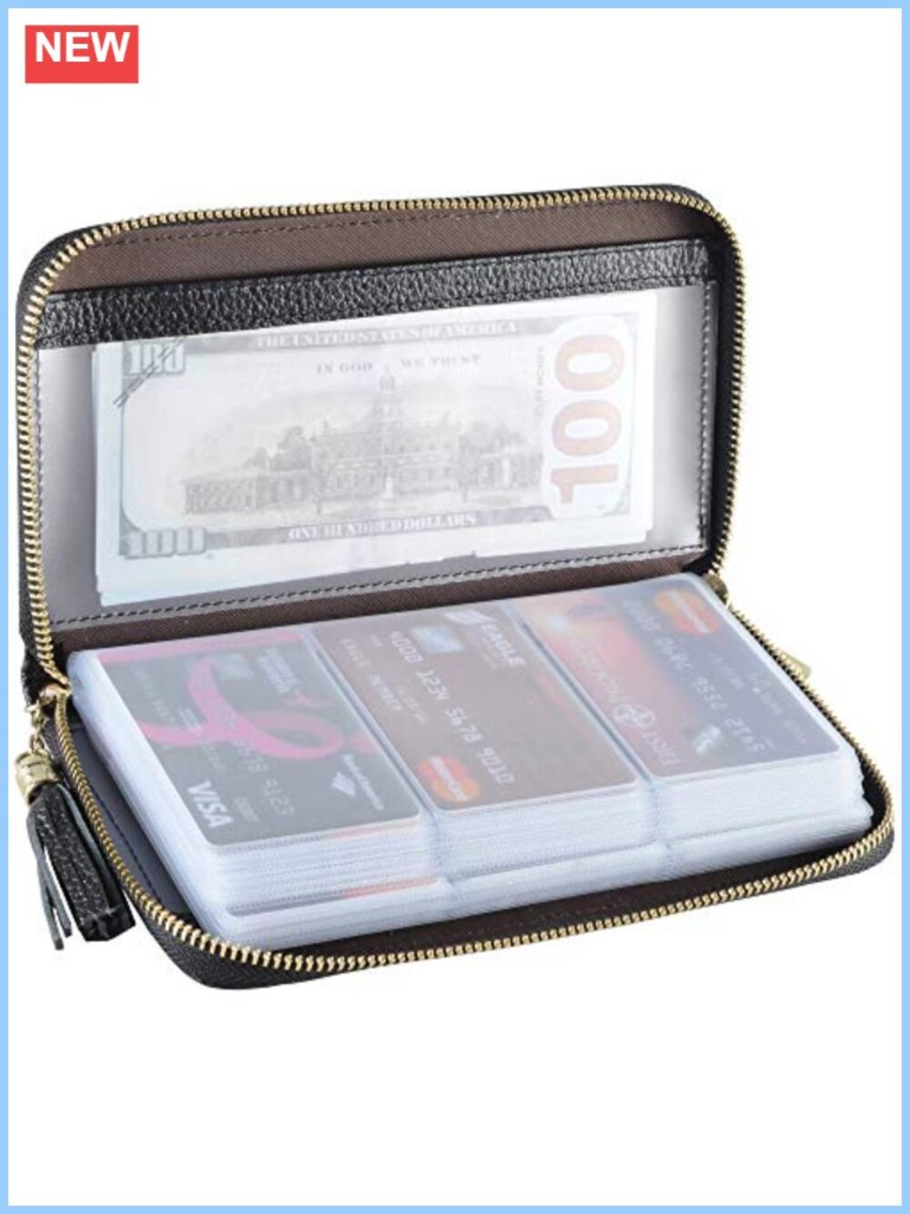 Genuine Cowhide Leather Credit Card Holder Wallet RFID Blocking Zipper Case